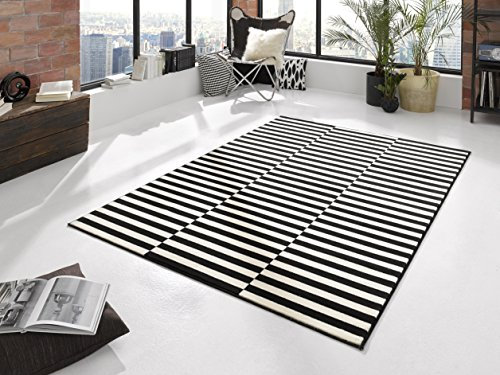 Hanse Home Teppich Panel – Wohnzimmerteppich Kurzflor Streifen Design Grafisches-Muster Moderne Optik für Esszimmer, Wohnzimmer, Kinderzimmer, Flur, Schlafzimmer, Küche – Schwarz Creme, 160x230cm
