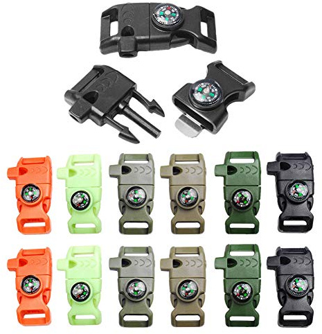 12pcs Pack Mix Colors 5/8 Compass Flint Scraper Fire Starter Whistle Buckle Plastic Paracord Bracelet Outdoor Camping Emergency Survival Travel Kits #FLC158-FWC(Mix-s)