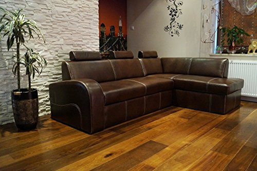 Quattro Meble Ecksofa Antalya II 3z 245 x 164cm Dunkelbraun Echtleder mit Creme Ziernaht Sofa Couch mit Schlaffunktion, Bettkasten und Kopfstützen Eck Couch Echt Leder Antique Dark Brown