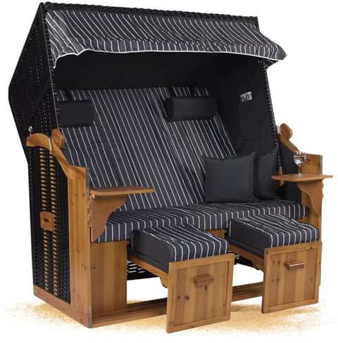 Strandkorb Hanse Strandkorb Ostsee ROYAL XXL Volllieger - 2,5 Sitzer 150cm extra breit - ideal für Garten, Terrasse oder Balkon (Nadelstreifen Grau Weiß, Montiert)