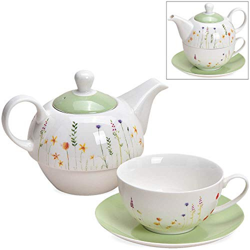 matches21 Tea for One Tee Geschenkset zarte Bunte Blumen lindgrün Porzellan - Teekanne, Tasse & Teller in Geschenkbox