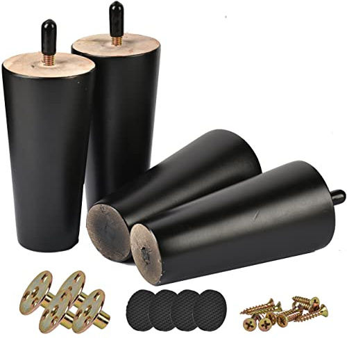 Btowin 12cm Holz Möbelfüße konisch mit M8 Bolzen & Platten 4er Set Schwarz | Massivholz-200 kg Traglast, inkl Bodenschoner & Hardware, Einfache 10-Min. Montage für Schrank Sofa Bett Ottomane Hocker