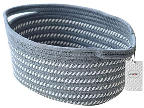 Inwagui Baumwolle Seil Aufbewahrungskorb Klein Gewebter Aufbewahrungsbox Faltbar Oval Regalkorb Organizer Baby Windeltasche - Grau & Weiß