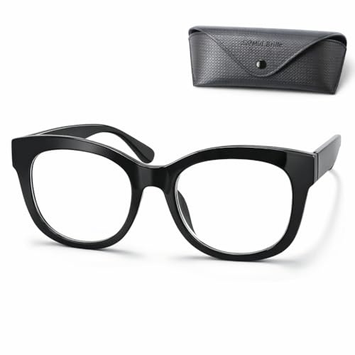 Retro Dicker Lesebrille Damen mit Stärke, Federscharnier und Etui | Markante Vollrand-Lesebrille mit großen Gläsern; 140 mm breit, 31 g und in Schwarz oder Leopard Braun erhältlich.