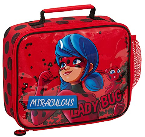 Miraculous Lunchtasche für Mädchen, rote Marienkäfer-Lunchbox mit beweglichen Pailletten, Schule, Reisen, isolierte Lunchtasche mit Getränkehalter
