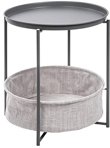 ONVAYA® Beistelltisch Linda rund | Grau | Couchtisch mit Korb & Tablett | aus Metall | für Wohnzimmer, Schlafzimmer, Garten | Nachttisch | Sofatisch mit Stauraum