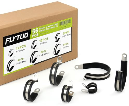 Flytuo 56PCS Large Cable Clamps Assortment Kit, 304 Stainless Steel Rubber Cushion Pipe Clamps in 6 Sizes 1/2'' 1'' 1-1/4'' 1-1/2'' 1-3/4'' 2'', Long-lasting P Clis for Maintenance and Fixation
