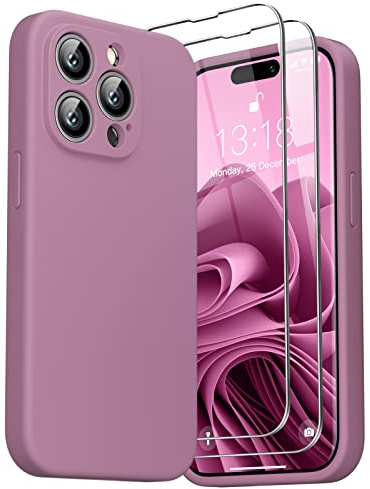 GOODVISH 3 in 1 Designed for iPhone 14 Pro Silicone Case 2022, with 2 Pack Screen Protector, Full Cover [Enhanced Camera Protection] 6.1 Soft 14pro Case[Anti-Scratch Microfiber Lining], Pink Purple