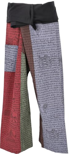 GURU SHOP Thai Fischerhose aus Fester Baumwolle, Patchwork Wickelhose, Yogahose, Unigröße - Bordeauxrot/bunt, Herren/Damen