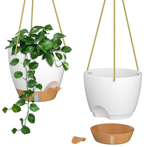ZMTECH 25cm Blumenampel Hängend Blumentopf Hängeampel Kunststoff Hängeampel für Pflanzen Für Innen Außen Zimmer, Decken, Balkon Und Garten(Set of 2, Weiß)