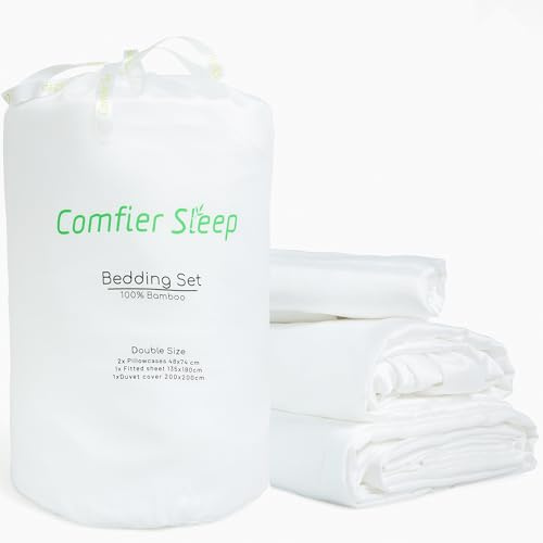 Comfier Sleep Bamboo Bedding White – 4 Piece Bamboo Bedding Set Double Bed | Fitted Sheet 135x190cm, Duvet Cover 200x200cm and 2 Pillowcases 48x74 cm - 100% Organic, Breathable and Ultra Soft Bamboo set