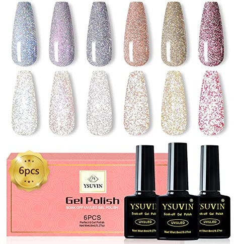 YSUVIN UV Nagellack, 6 Farben Reflektierendes Glitzer Gel Nagellack Set Glänzender funkelnder Blau Rosa Diamant UV Gel für Frauen Home Nail Art Maniküre, 8ml