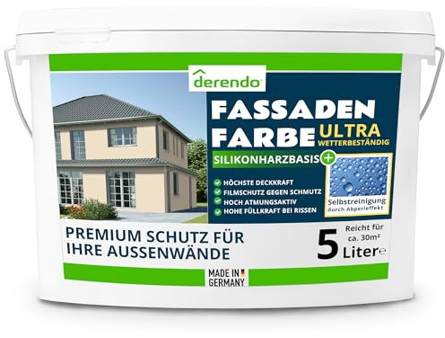derendo Silikonharz Fassadenfarbe beige mit ULTRA Wetterschutz, 5l, Abperleffekt wie beim Lotus Blatt, inkl. Schutz vor Verunreinigungen durch hochwertige Silikonharz-Beschichtung, (Cremebeige 5-31)