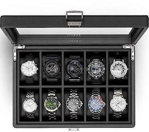 Vlando Uhrenbox mit 10 Fächern, für Herren, Uhrengehäuse mit großem Glasdeckel, Uhrenhalter mit strukturiertem Leder, abnehmbares weiches Kissen, Geschenk für Vater, Ehemann, Freund