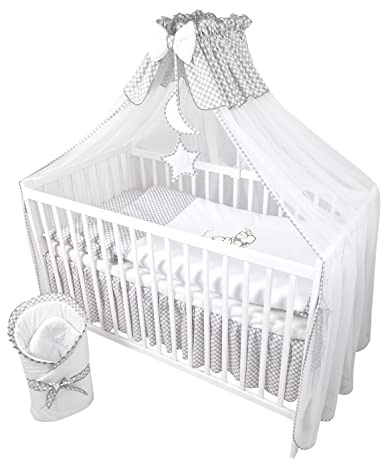 Bello24 - 13 pièces lit bébé lit d'enfant et literie Set Complet Happy Leo INCL. Matelas réglable en Hauteur pour Nouveau-nés bébés et Petits Enfants en Bois Massif (Gris - Ourson Lune)