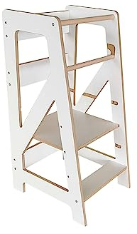 BABYLIKE Montessori Tour d'apprentissage pour enfants à partir de 1 an | Chaise d'apprentissage | Marchepied avec 2 marches et étagères réglables | 46 x 40 x 85 cm | Blanc