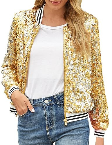 Damen Glitzer Pailletten Dünne Rib Rop Langarm Reißverschluss Bomberjacke Fliegenjacke Bikerjacke Jacke