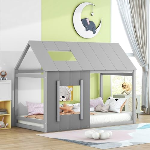 Hausbett kinder,Jugendbett 90x200,Kinderbett,Einzelhaus-Flachbett mit Dach und Fenster,vielseitiges Holz Kinderbett für Jungen & Mädchen,Grey