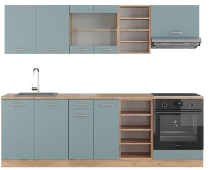 Vicco Küchenzeile R-Line, Blau-Grau/Goldkraft Eiche, 240 cm ohne Arbeitsplatte, zur individuellen Erweiterung durch kompatible Module