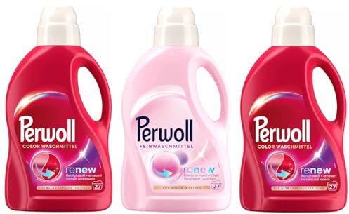 PERWOLL Flüssig-Set 3x 27 Waschladungen (81WL) 2x Color & 1x Für Wolle & Feines, Feinwaschmittel erneuert Farben und Fasern & Feinwaschmittel glättet und verhindert Knötchen