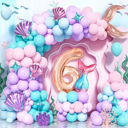 Ballon Sirène Queue Guirlande Anniversaire 6 ans, 125 Pièces Violet Rose Teal Bleu Ballons Latex Arche avec Numéro 6 pour Décorations Filles Enfants Sirène Sous La Mer Thème Anniversaire Baby Shower