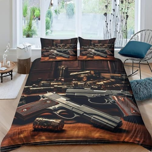 BettwäSche 135x200 Pistole BettwäSche-Sets Microfaser Flauschig Bettzeug Waffen Muster Bettbezug füR MäDchen Jungen und Kissenbezug 80x80 mit ReißVerschluss
