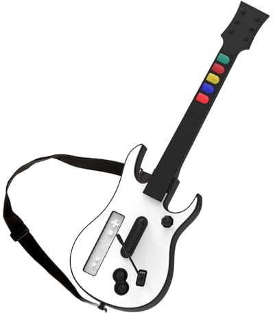 DOYO Drahtloser Wii Controller für Guitar Hero und Rock Band, kompatibel mit allen Guitar Hero Spielen, Rock Band 2, Legends of Rock, mit verstellbarem Gurt (Weiß)