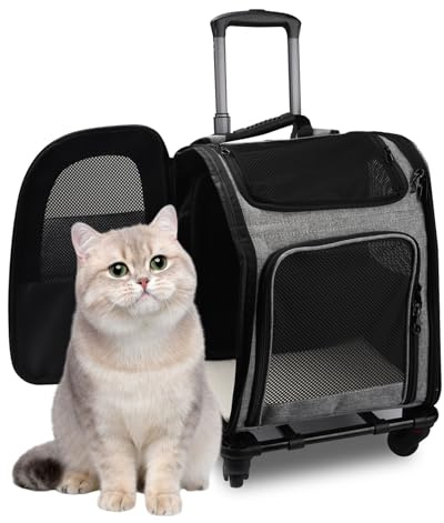 Rucksäcke Trolley für Hund und Katzen,2IN1 Hundetrolley Katzentransportbox mit Mesh Fenster,multifunktionaler Haustier-Rucksack mit 4 Rädern, atmungsaktive Haustier-Reisetrage für Katzen und Welpen