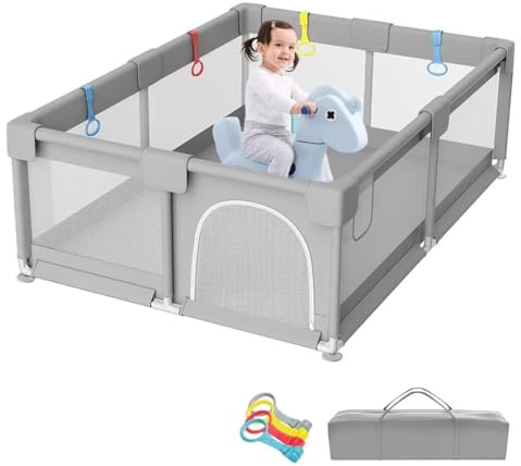 Laufstall Baby, 160x200cm, Laufgitter Baby mit Atmungsaktivem Netz, Baby Laufstall mit Saugnäpfen, Große Sicherheitsspielplatz mit 4 Trainingsschlaufen