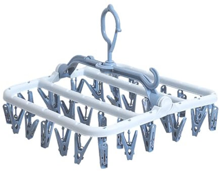 HTRTRR Appendiabiti per Calzini con 32 Pinze, Stendino Pieghevole e Girevole a 360°, Organizer Salvaspazio per Calzini e Intimo, Stendibiancheria Antivento per Interno ed Esterno (blu)