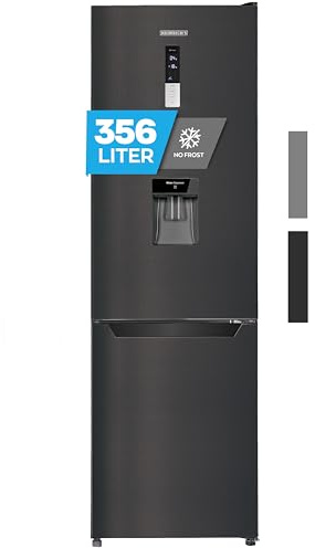 Heinrich´s Kühlgefrierkombination mit 356L Mega Gesamtvolumen, 260L Kühlvolumen 96L Gefriervolumen, Kühlschrank inkl.Wasserspender, Türanschlag wechselbar, leise 37dB,große Tiefkühlboxen(schwarz-inox)