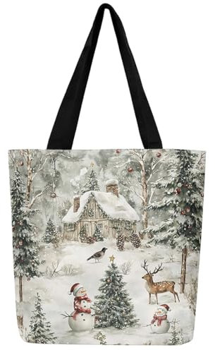 Loussiesd Weihnachten Leinwand Einkaufstasche Frauen Männer Weihnachtsbaum und Schneemann Stofftasche Ultra Winter Tragetasche Schneeflocke Stoffbeutel Weihnachten Einkaufsbeutel