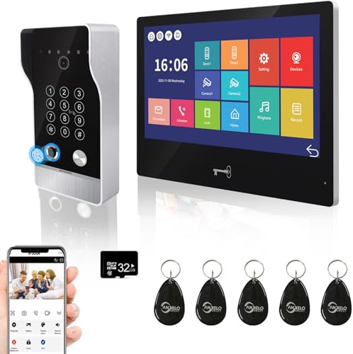 1080P Video-Türsprechanlage Wohnungstürklingel Gegensprechanlage,10 Zoll verdrahtet Touch Screen Monitor, 5 in 1 Wireless Tuya WiFi Unlock, Unterstützung Fingerabdruck, RFID (1 Türklingel+1 Monitor)