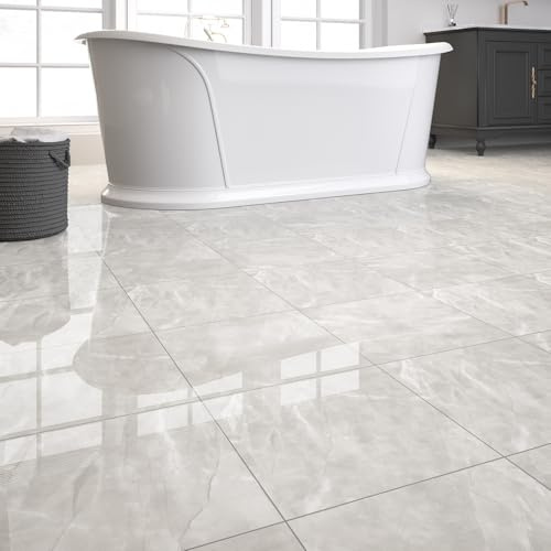 20-Pack Peel and Stick Floor Tiles Vinyl Floor 12 x 12 inch Self Adhesive Waterproof Glossy Flooring Planks DIY for Bathroom, Kitchen, Living Room, RV, Cover 20 Sq. Ft, Polish Light Grey Marble