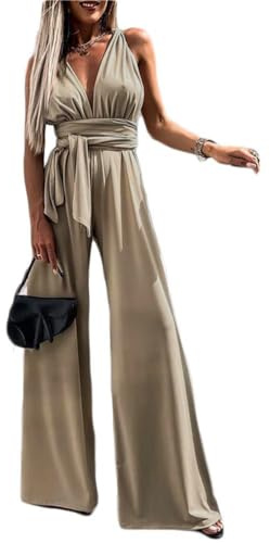 nicticsi Senza Maniche Vita Alta Long Pantaloni Schiena Nuda Fionda Tuta Intera Aderente da Donna Elegante Tinta Unita Gamba Larga Larghi Playsuit Tuta Cerimonia Cocktail Overall C-Champagne L