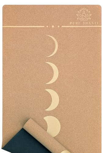 PURE SHANTI Yogamatte aus Kork & Naturkautschuk | Natürlich rutschfeste Yoga Matte | Stillvolles Mond-Design | Wohlig erdende Yogapraxis | Perfekter Grip | 183 x 61 x 0,3 cm