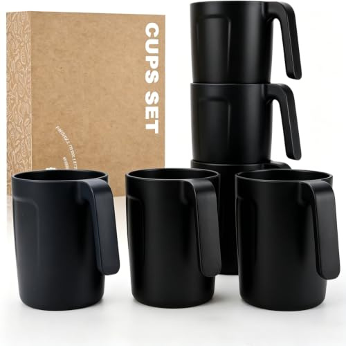 Wrova Plastic Mugs Set 16 oz, Unbreakable and Lightweight Mug Set of 6, Coffee Mug, Tea Cup Dishwasher Safe Plastic Cups for Kitchen & Outdoor - Black