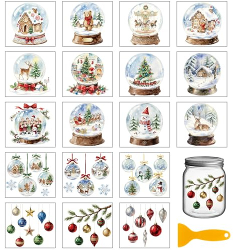 GLOBLELAND 18 Blatt Weihnachts Transferaufkleber Mit Schneekugel 3.9x3.6 Zoll Bunt Winter Transferaufkleber Schneemann Weihnachtsbaum Zum Aufreiben Für Tassenaufkleber Vasen Glas Kunsthandwerk