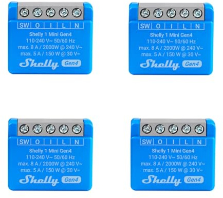Shelly 1 Mini Gen4, 4er Pack, WLAN-Smart-Relaisschalter, 1 Kanal, 8A, Potentialfreier Kontakt, Hausautomation, Fernsteuerung, Kein Hub Erforderlich, Alexa, Google Home, Apple HomeKit, Zigbee & Matter