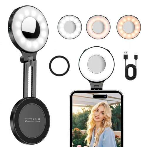 Magnetic Selfie LED Fill Ring Light for iPhone, Adjustable with Magnetic Ring, Compatible with Smartphone, for Selfie/Photography/TK/Video Conferencing, Portable Rechargeable
