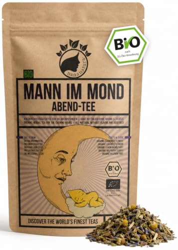 NanaNatura's BIO Abendtee MANN IM MOND 100g | Loser Kräuter-Tee mit Baldrian, Lavendel, Melisse & Kamille für Entspannung & Auszeit am Abend | mild-blumig, koffeinfrei und ohne Aromastoffe