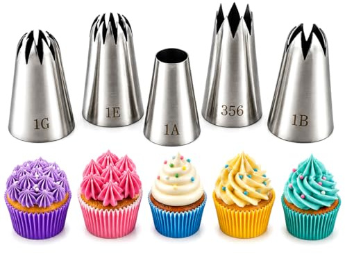 5 Pack Stainless Steel Seamless Piping Icing Tips 1G 1E 1B 356 1A, Large Piping Nozzle, Cake Decorating Tools for Cupcake Baker