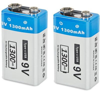 9V Rechargeable Battery, 1300mAh 9 Volts Li-Ion Batteries for CO Alarms, Cameras, Security Devices, Musical Instruments, Industrial Instruments etc, with Charging Cable, 2 Packs