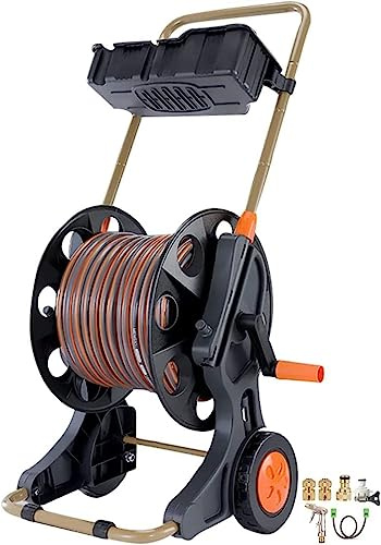 MKAK Tragbarer Schlauchwagen For Den Außenbereich, Wasserschlauchwagen Mit Rädern Bewegliche Gartenschlauchtrommeln Mit Rädern Lagerregal(Hose Reel+50m Pipe)