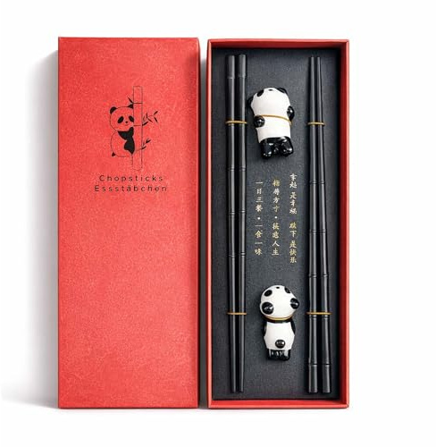 2 Pairs Chopsticks and Chop Sticks Rest Gift Set with Ceramic Panda Rest, Reusable Dishwasher Safe Fiberglass Chopsticks for Sushi, Noodles Rice, Elegant Gift for Food Lovers