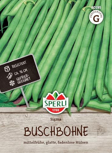 Sperli Buschbohnensamen Sigma 80195 - mittelfrühe, glatte, fadenlose Hülsen - Inhalt für 4 bis 5 laufende Meter - Samen Gemüse, Gemüsesamen, Saatgut | ertragreich, zart im Geschmack, ideal fuer den Hausgarten, einfache Aussaat, frisch ernten oder einfrieren