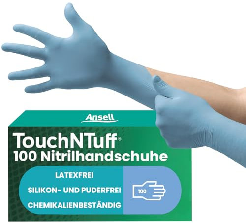 Ansell TouchNTuff 92-665 Guanti Monouso in Nitrile, Senza Polvere, Alta Resistenza Chimica e Meccanica, Protezione degli Alimenti, Usi Professionali e Industriali, Blu, Taglia M (100 Guanti)