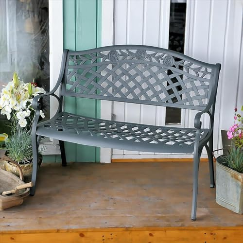 Lazy Susan Rose Metall-Gartenbank | 2-Sitzer wetterfeste Aluminium-Gartenbank | Gussaluminium, rostfrei | 3 Jahre Garantie (Schiefergrau)