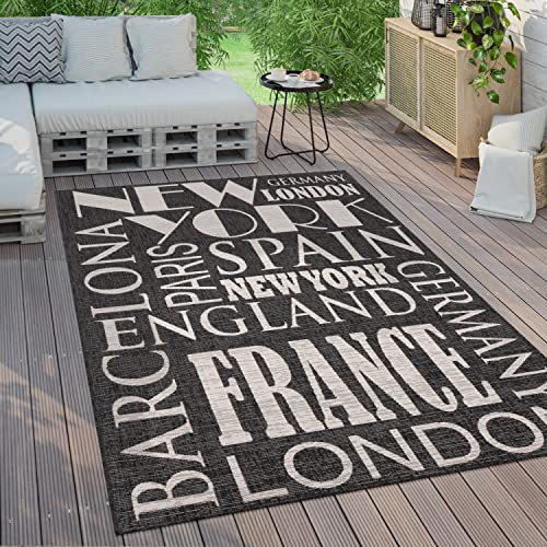 Paco Home Outdoor Teppich Wetterfest Wohnzimmer Balkon Küchenteppich Modernes Muster Mit Schriftzug, Grösse:120x160 cm, Farbe:Anthrazit