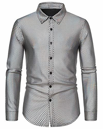 MakingDa Långärmad skjorta med knappar, bronsrombtryck, 70-tals disco-stil, Silver., M